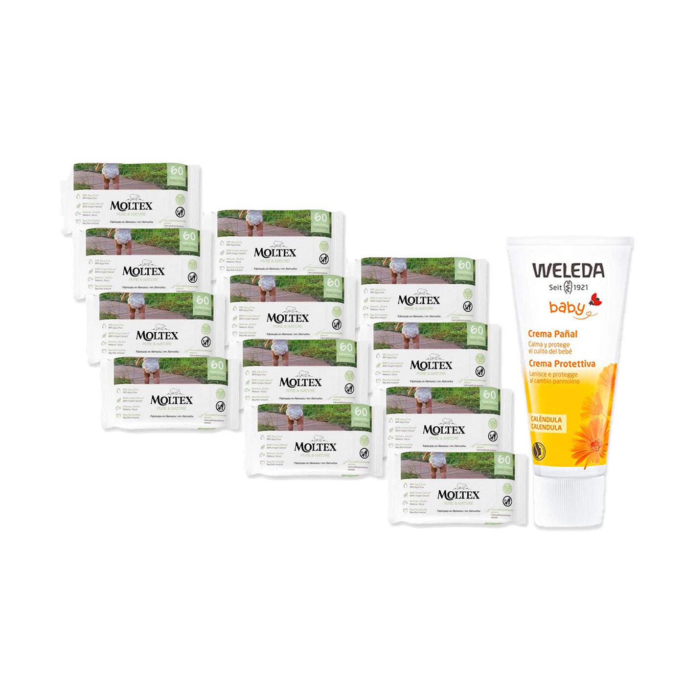 PACK ESPECIAL  Crema de Pañal de Caléndula Weleda 75ml + Pack 12 x Toallitas Moltex Pure & Nature 60 Uds