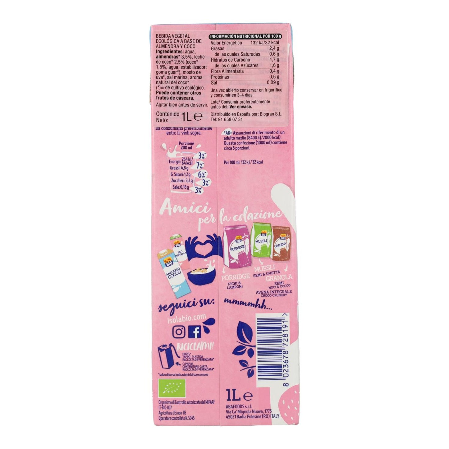 Bebida de Coco y Almendra BIO Isola Bio 1 L