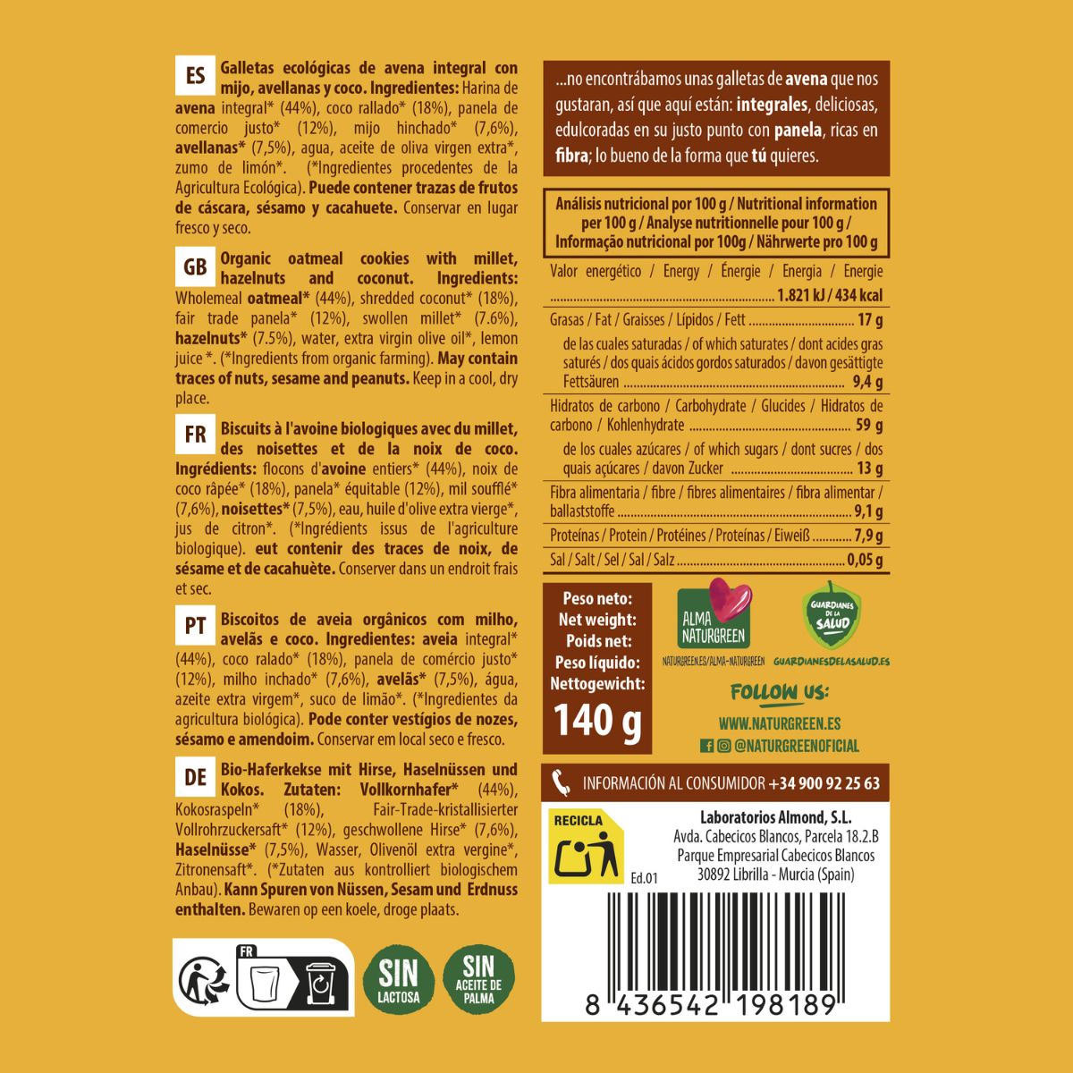 Galleta de Avena Integral con mijo, avellanas y coco Bio NaturGreen 140 g