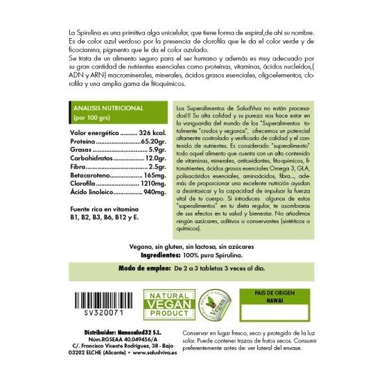 Spirulina ECO 260 tabletas 125 g, Salud Viva