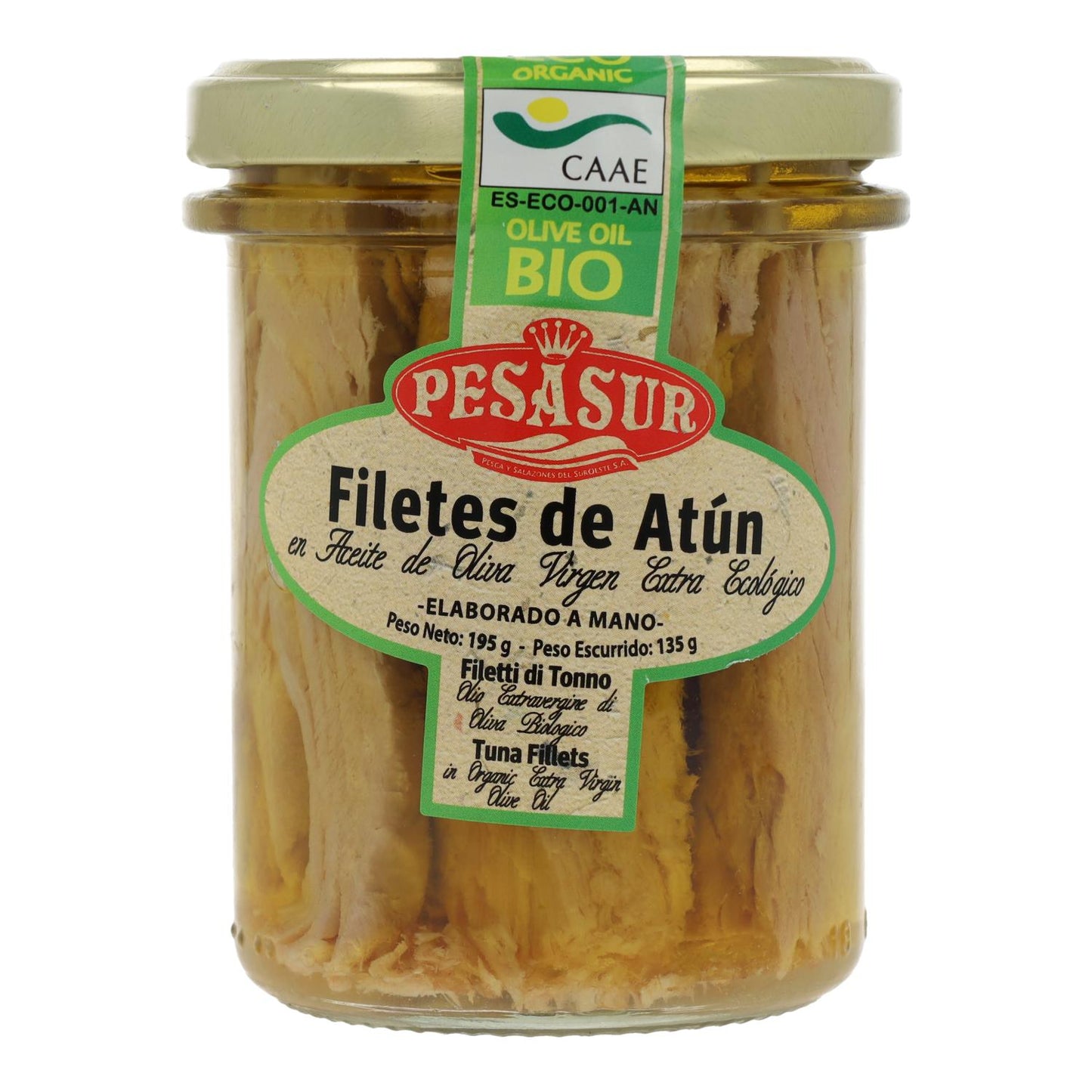 Filetes de atún en tarro de cristal Pesasur, 195 g
