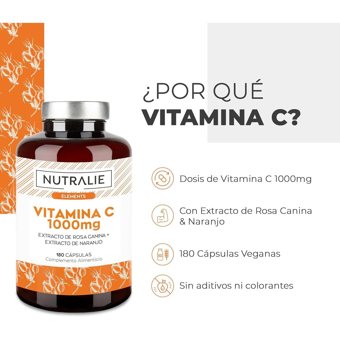 Nutralie Vitamina C 1000mg Rosa Canina + Vit C Antioxidante 180 cápsulas
