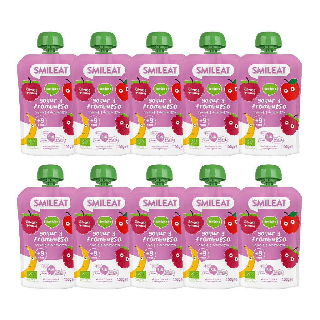 Pack 10 uds Pouches Yogur y Frambuesa ECO Smileat 100 g
