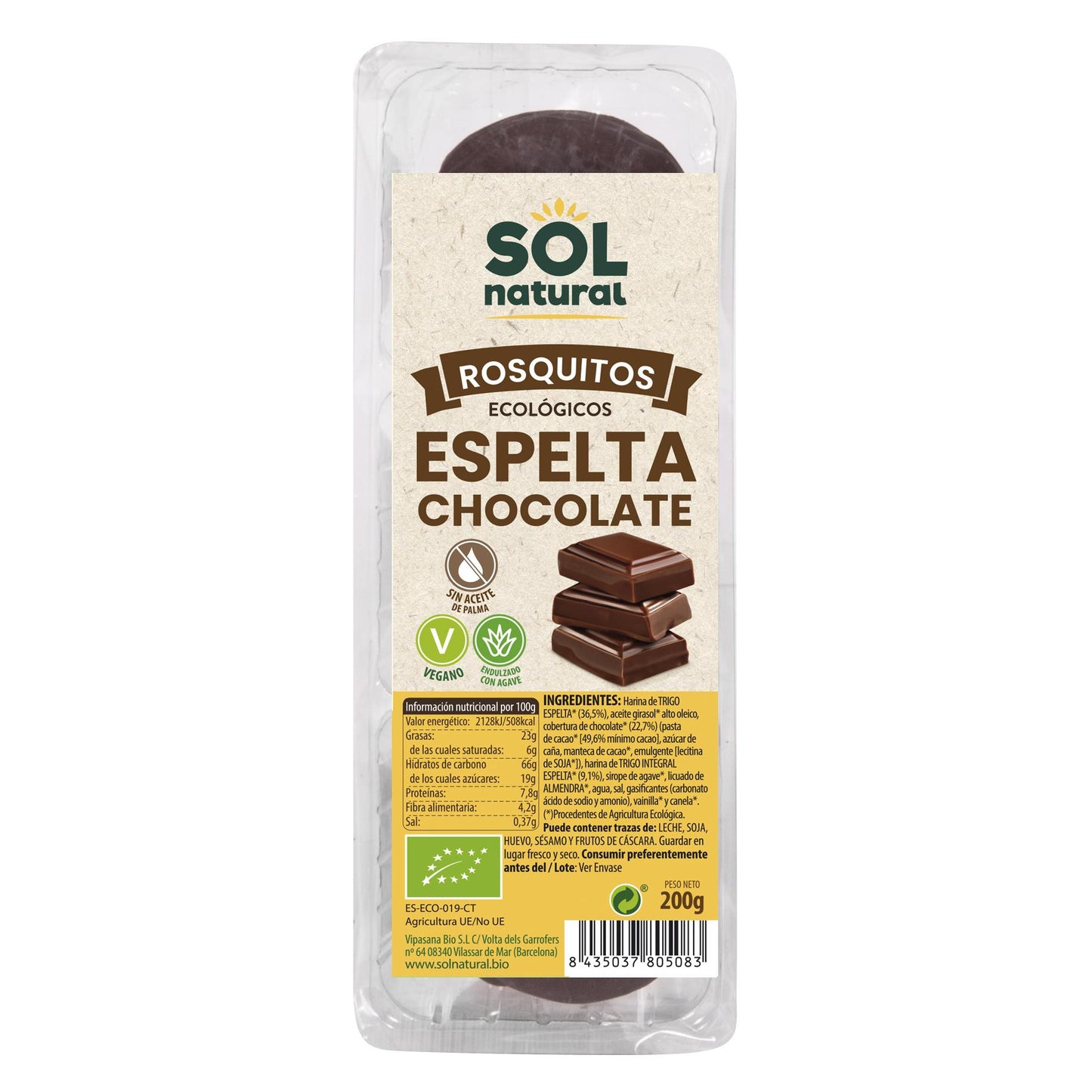 Galletas Rosquitos de Espelta con Chocolate Bio Sol Natural 200 g