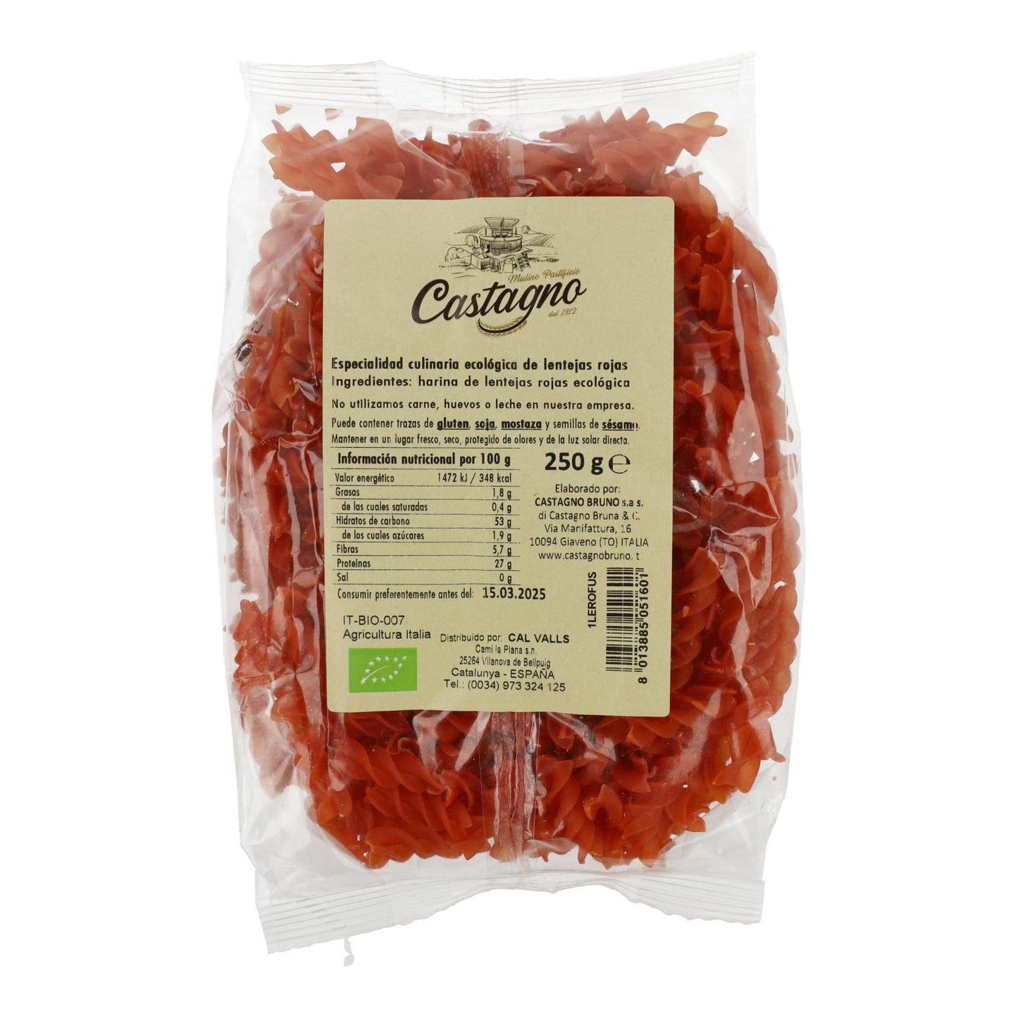 Espirales Lentejas Rojas 100% ECO Castagno 250 g