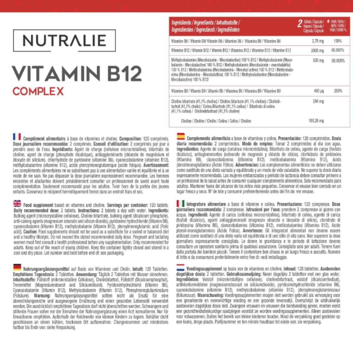 Vitamina B12 Complex 2000 mcg Cansancio Nutralie 120 comprimidos