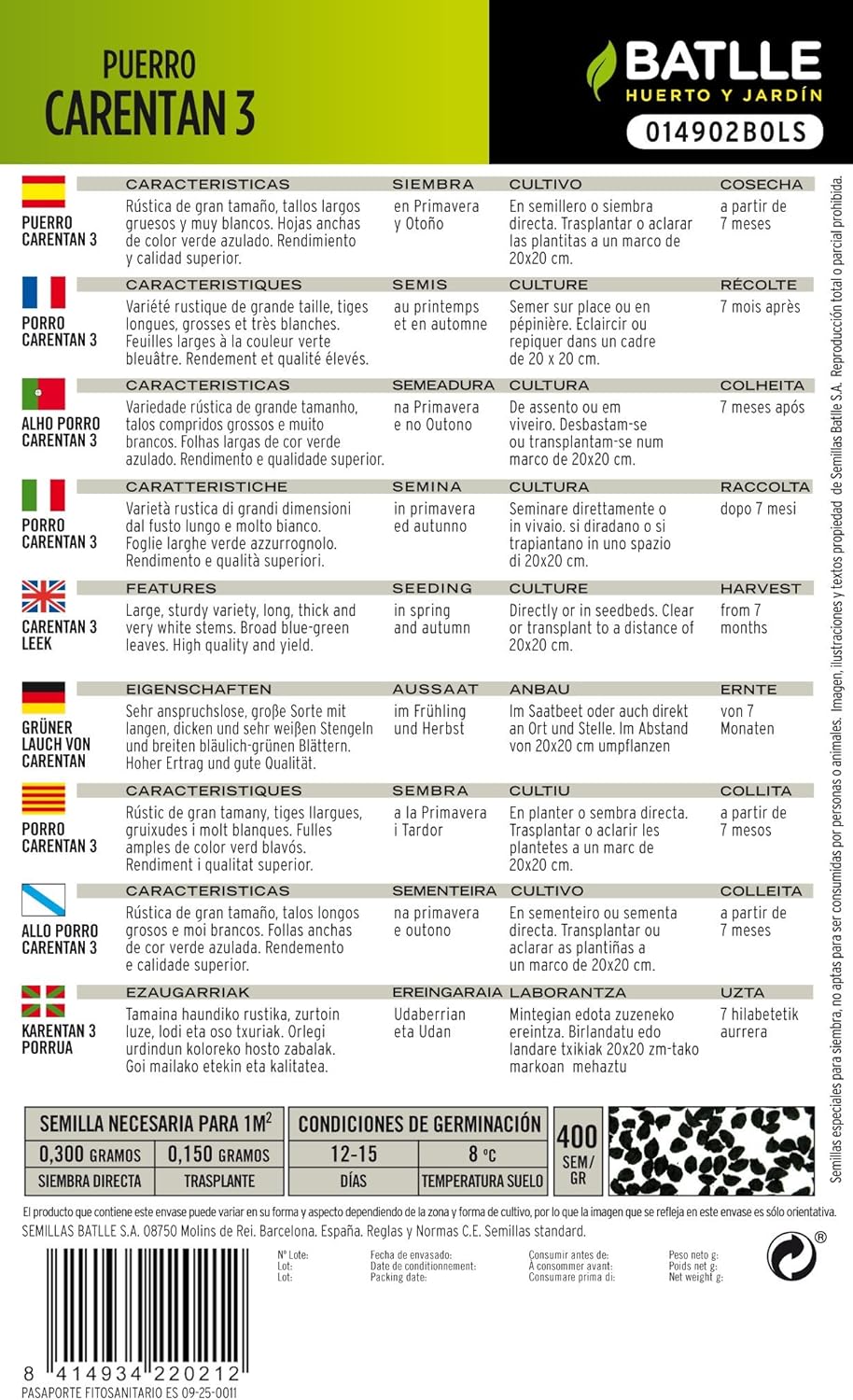 Semillas de Puerro grueso Carentan 3 Batlle