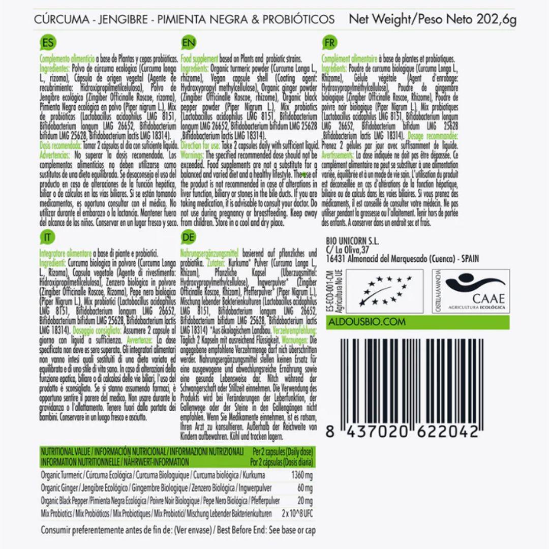 Cúrcuma Ecológica con Jengibre, Pimienta Negra y Probióticos, 250 cápsulas. Aldous Bio