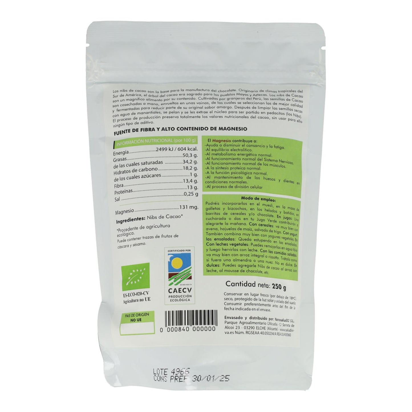 Nibs de cacao BIO 250 g, Salud Viva