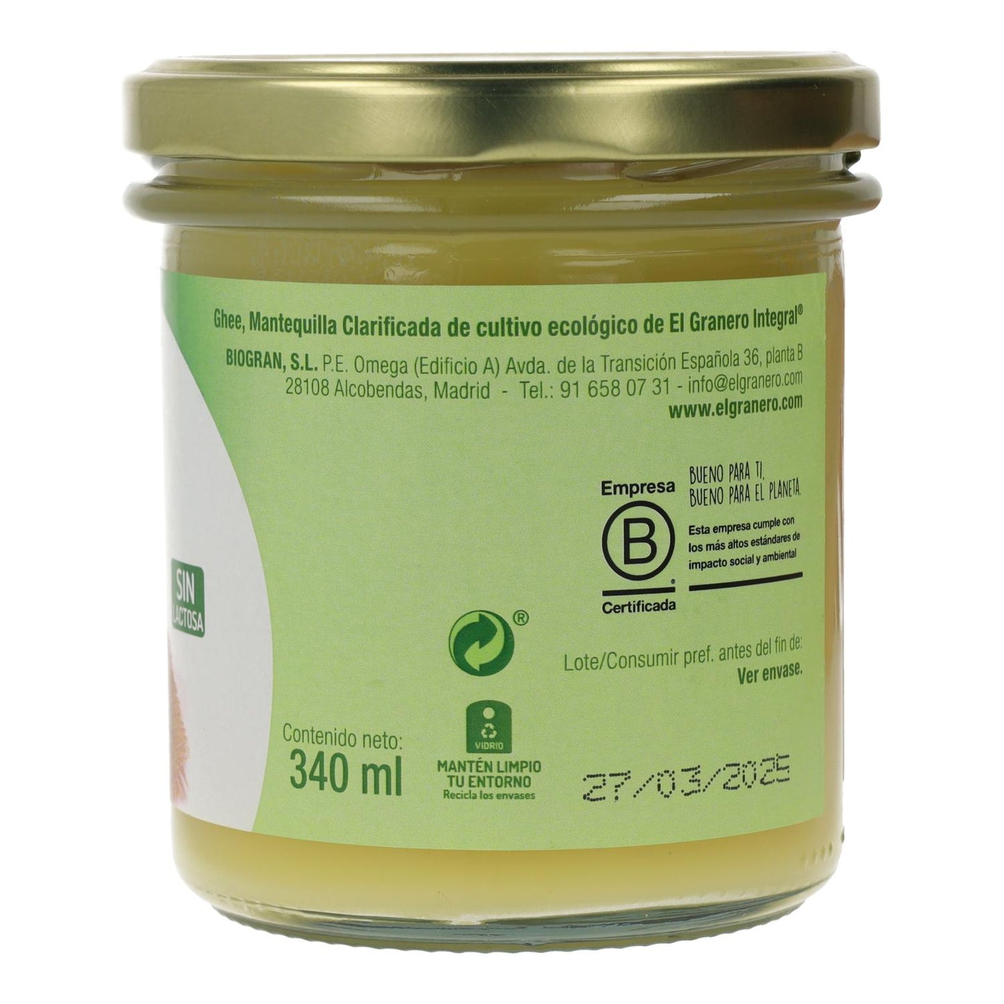 Ghee Mantequilla Clarificada Ayurvedica Bio El Granero, 340 ml