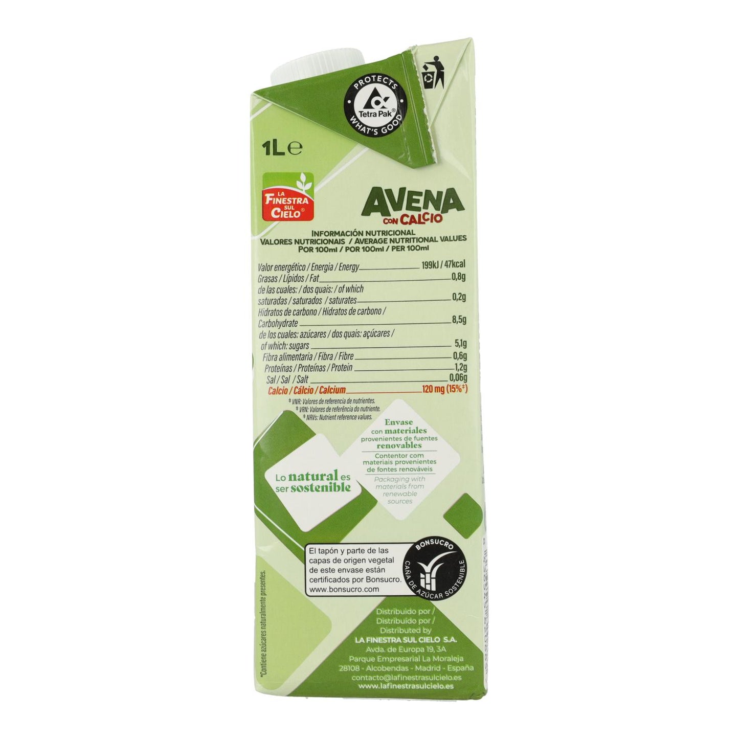 Bebida de Avena con Calcio La Finestra Sul Cielo 1 L