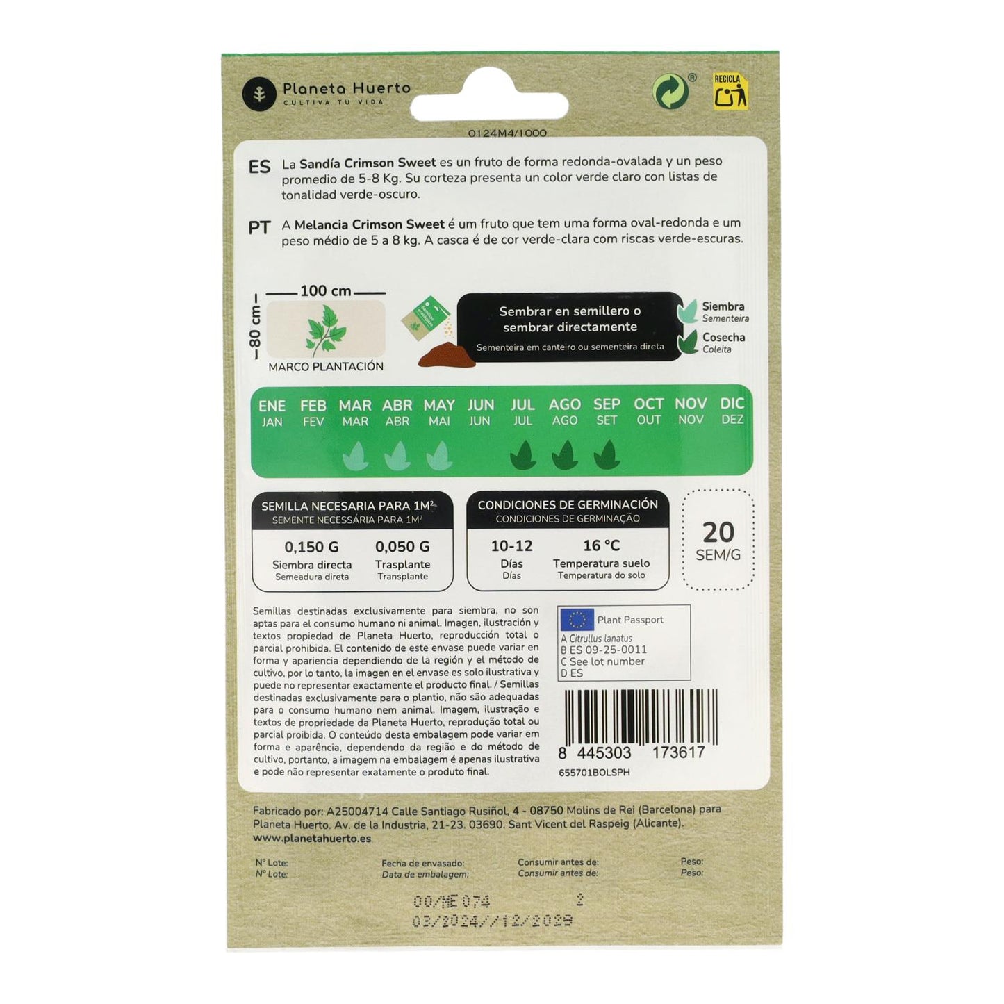 Semillas de Sandía Crimson Sweet ecológicas Planeta Huerto