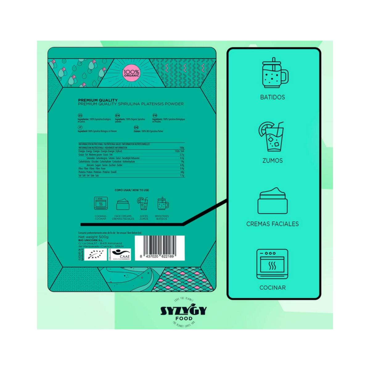 Espirulina en Polvo Ecológica Certificada, 500g. Syzygy Foods