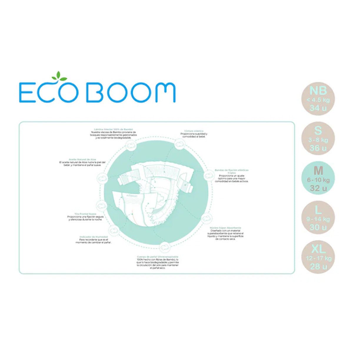 Pañal de Bambú Pure Premium ECO BOOM T3 (6 a 10 Kg) 32 uds