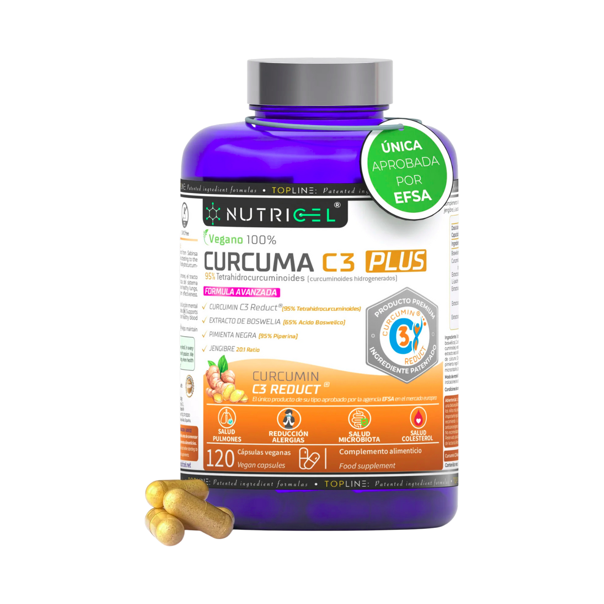 Cúrcuma C3 Plus con C3 Reduct® + Boswellia, Jengibre y Pimienta Nutricel 120 cápsulas