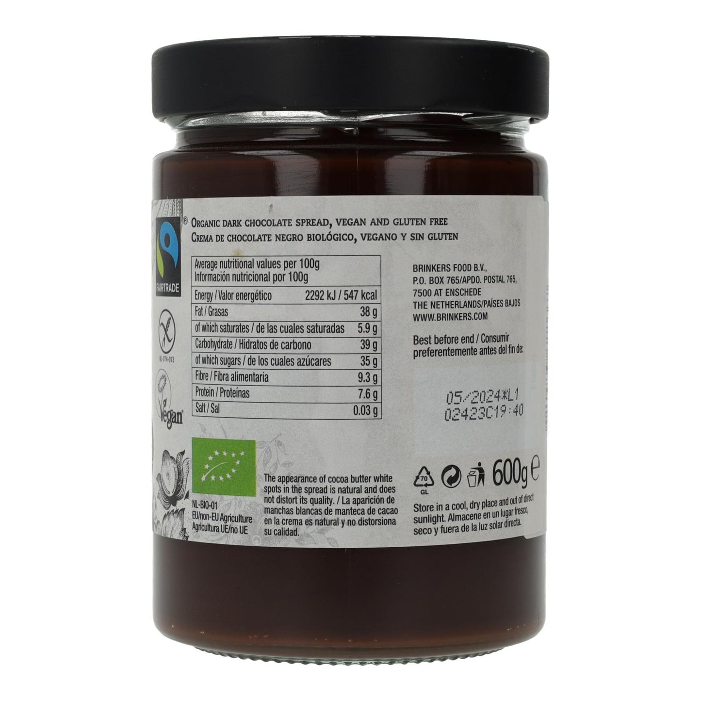 Crema de Chocolate Negro Vegano Sin Gluten La Vida Vegan, 600 g 600 g