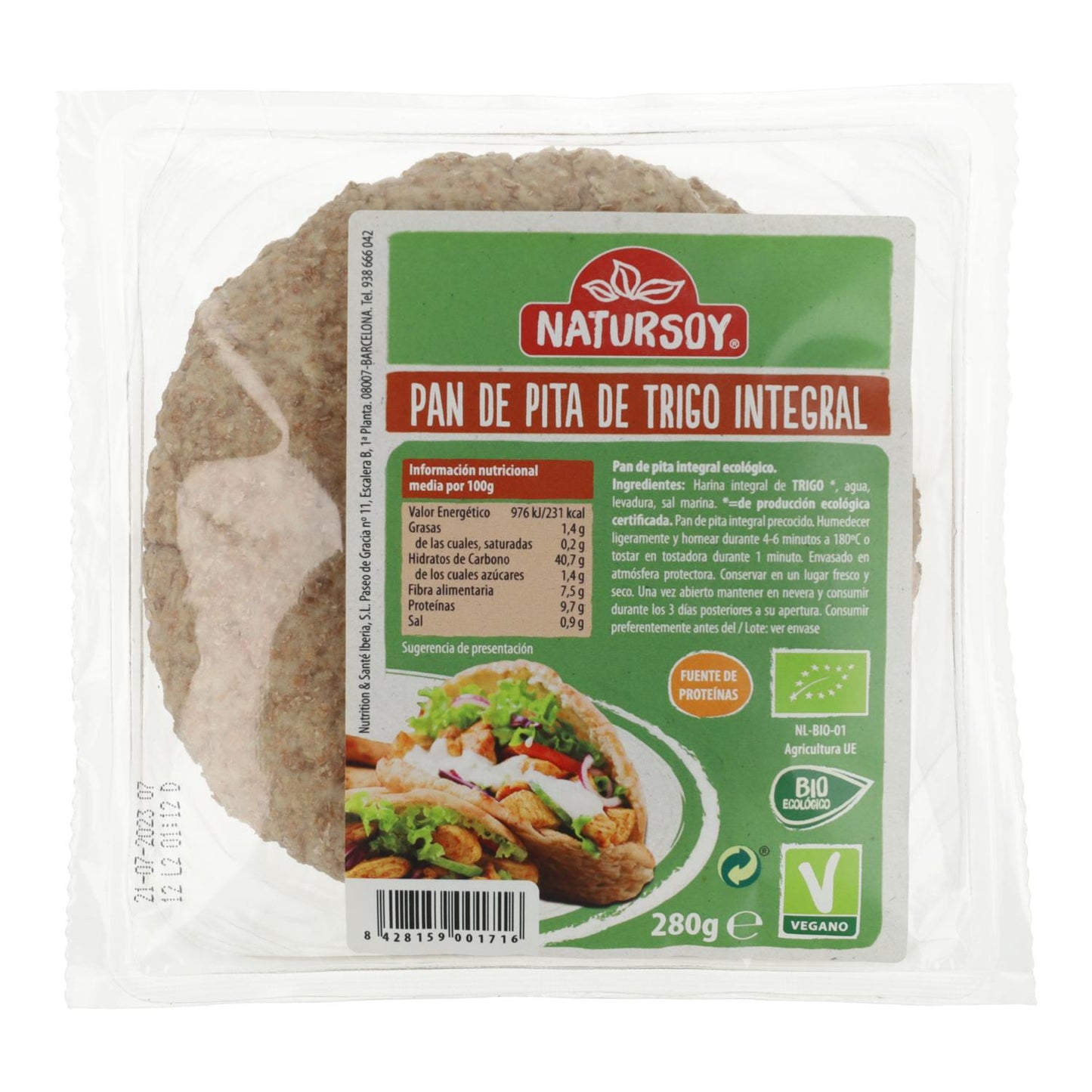 Pan de pita integral, 250 g. Natursoy