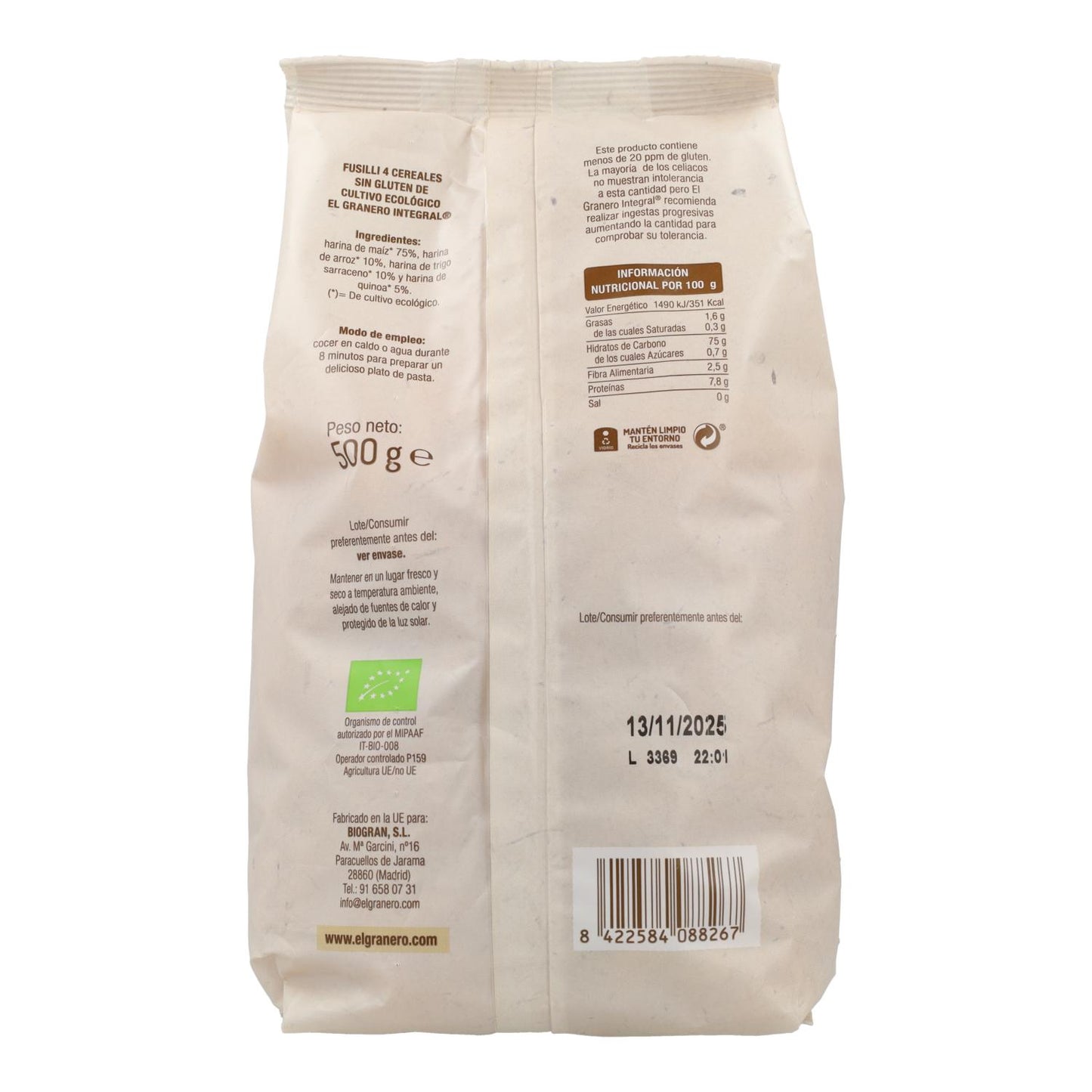 Fusilli 4 cereales Sin Gluten El Granero, 500 g