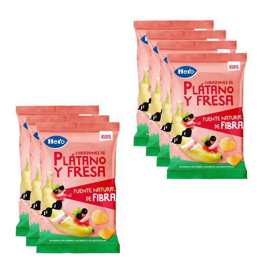 Pack 7x Snacks de Plátano y Fresa en forma de corazones 30 g. Hero-Kids