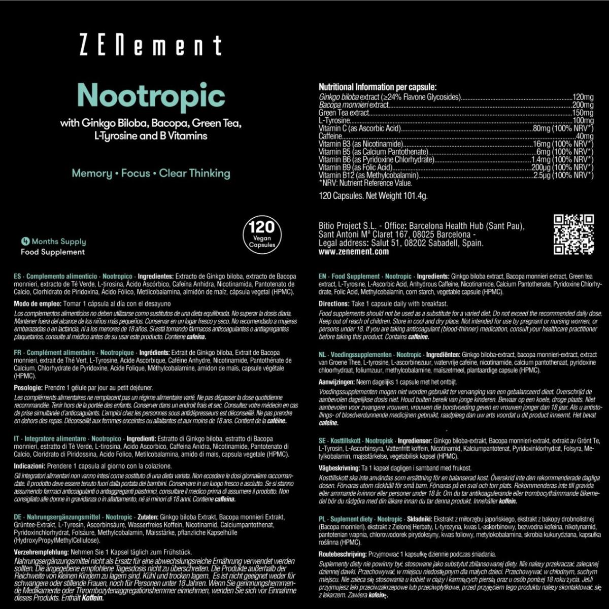 Nootropico, con ginkgo biloba, bacopa, teanina, tirosina y vitaminas B Zenement, 120 comprimidos