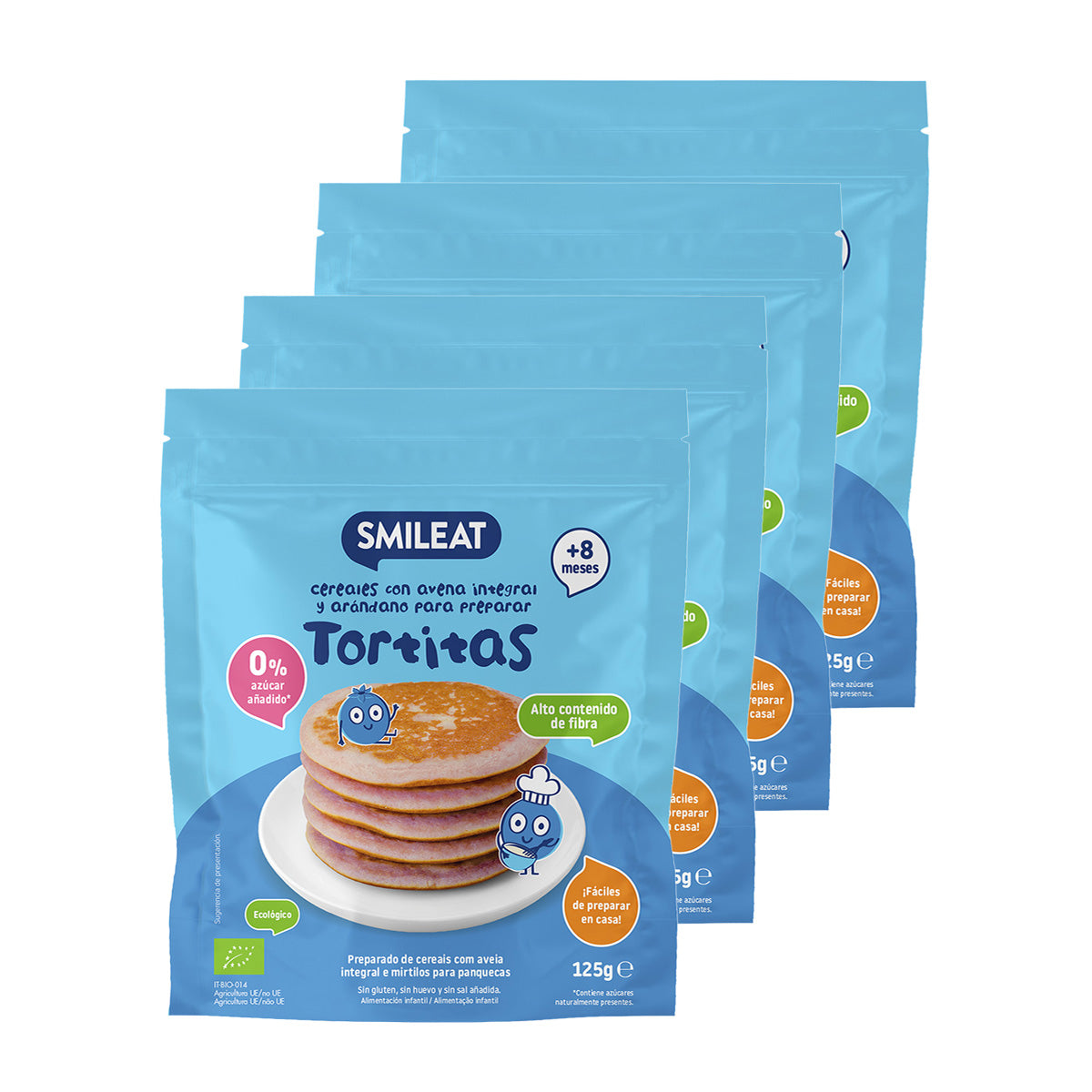 Pack 4x Mix Tortitas Avena integral y arándanos ECO, Smileat, 125 g