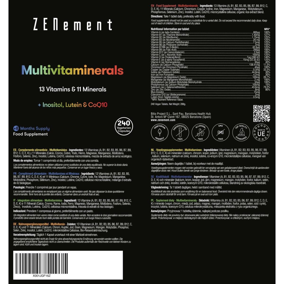 Multivitamínico, con todas las vitaminas y minerales + inositol, coenzima Q10 y luteína Zenement, 240 Comprimidos
