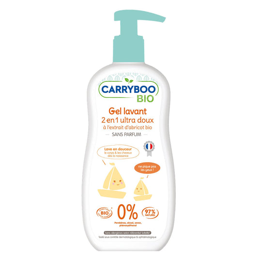 CARRYBOO - Gel Lavant 2 en 1 ultra suave con extracto de albaricoque Bio - botella bomba 500ml