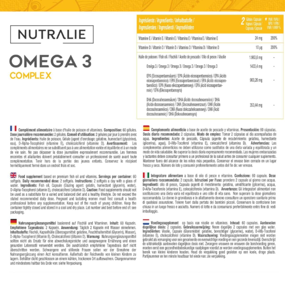 Omega 3 Complex 2000mg + Vit E y D3 DHA EPA Nutralie 60 Softgels