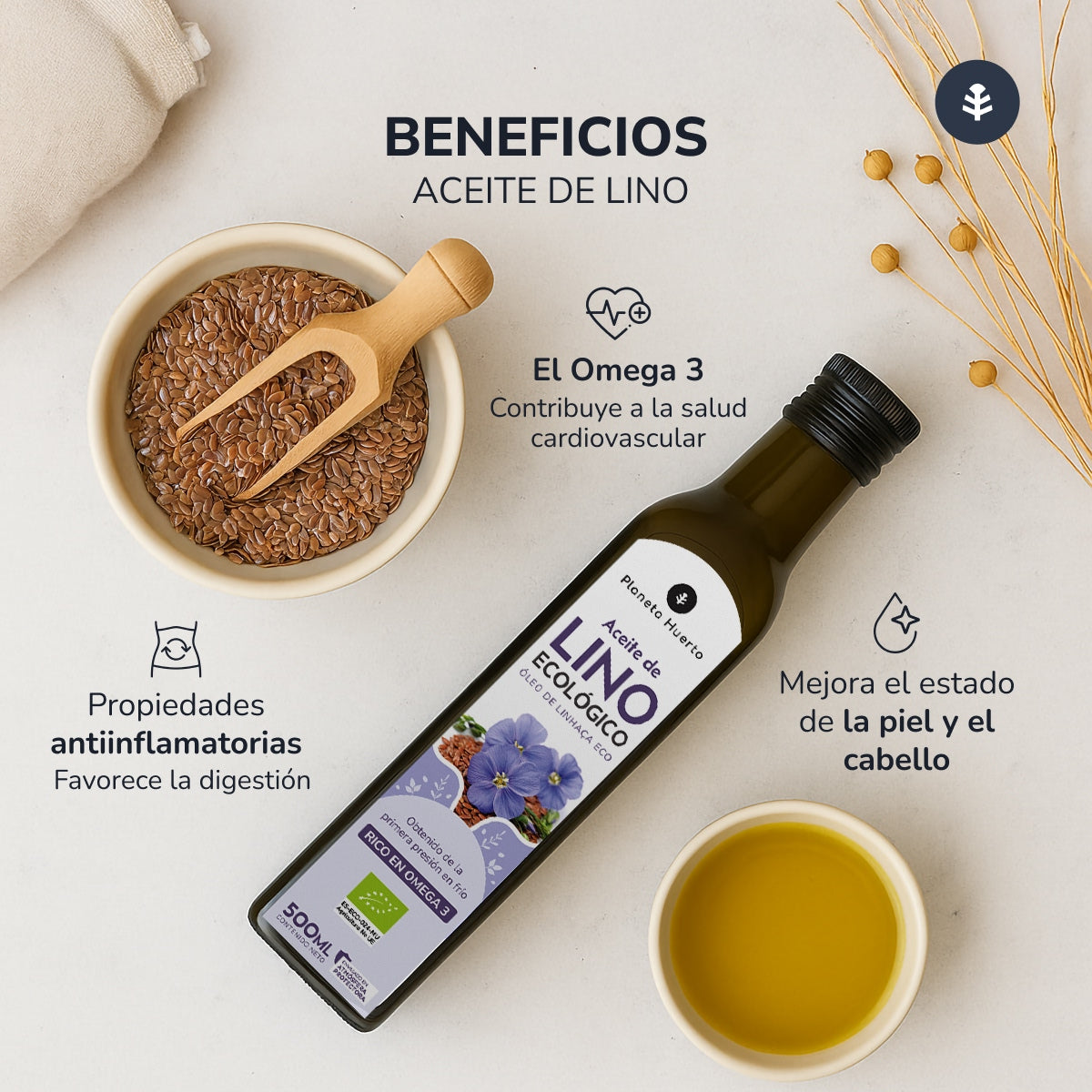 Aceite de Lino prensado en frío  ECO Planeta Huerto 500 ml
