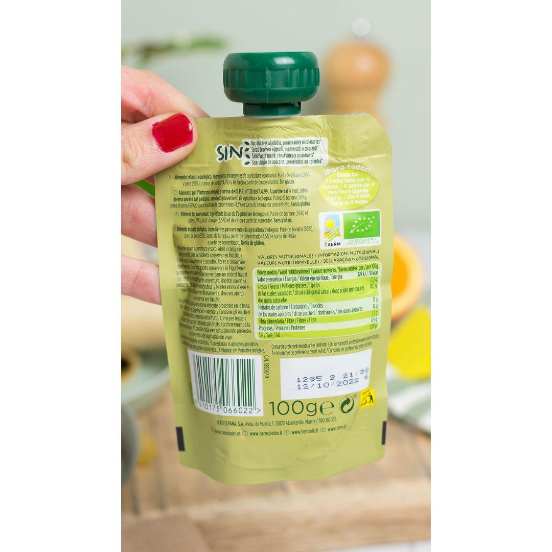 Bolsita Fruta 100 % Eco Sabor Plátano, Pera y Naranja 4x100 g-Hero Solo