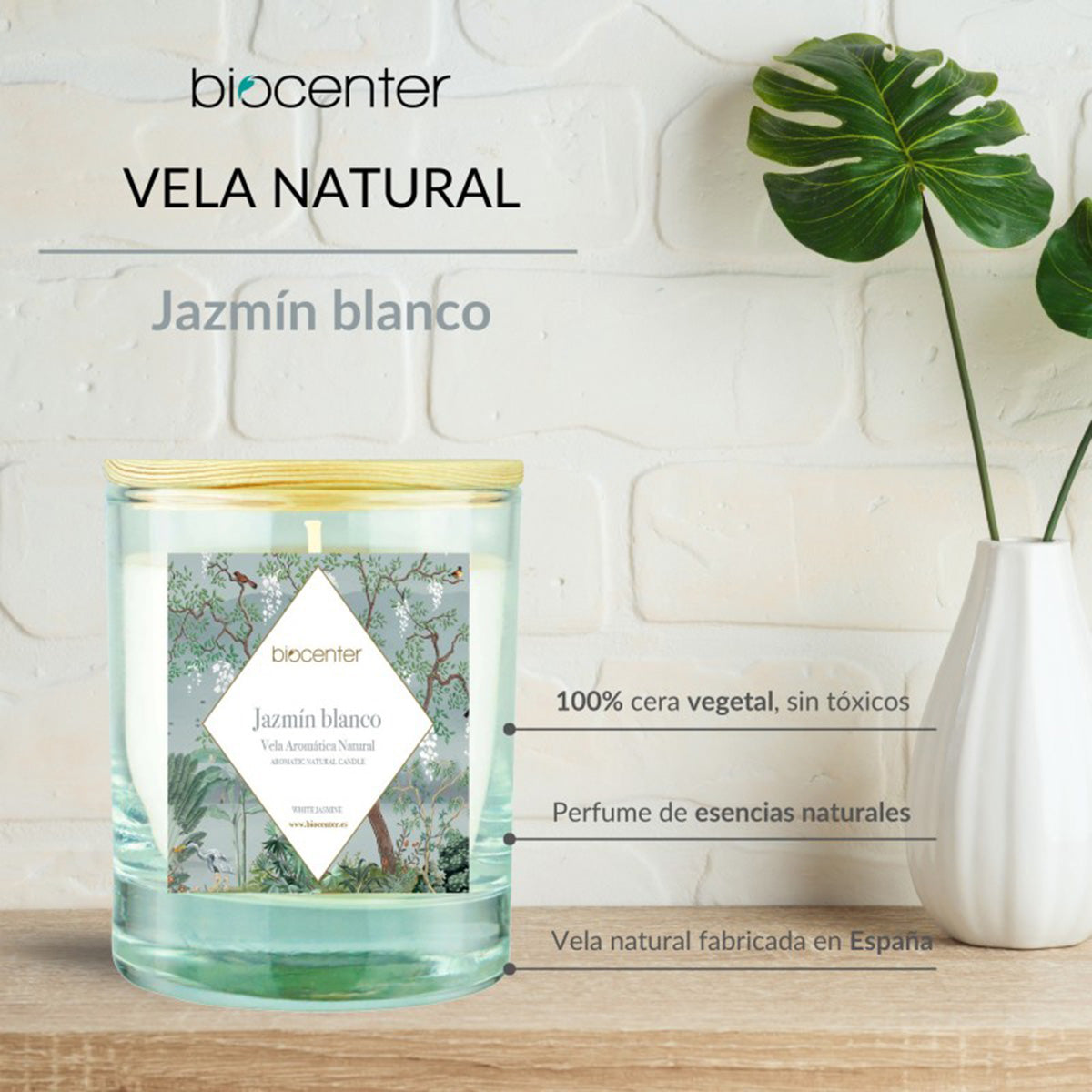 Vela natural Jazmín blanco - cera vegetal y aceites esenciales, Biocenter, 200 gr