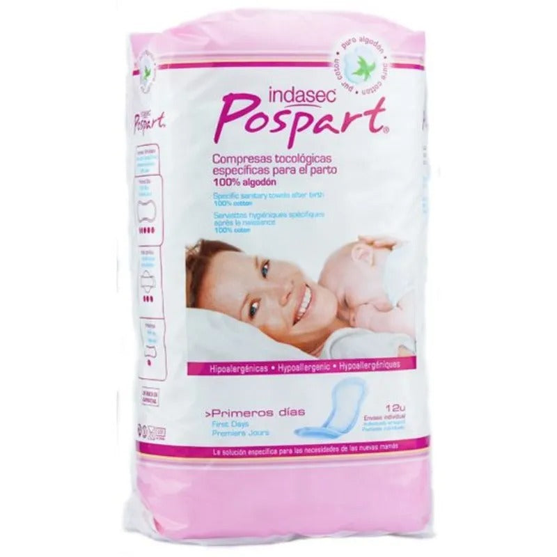 Compresas Postparto 100 % algodón INDASEC POSPART Primeros Días 12 uds