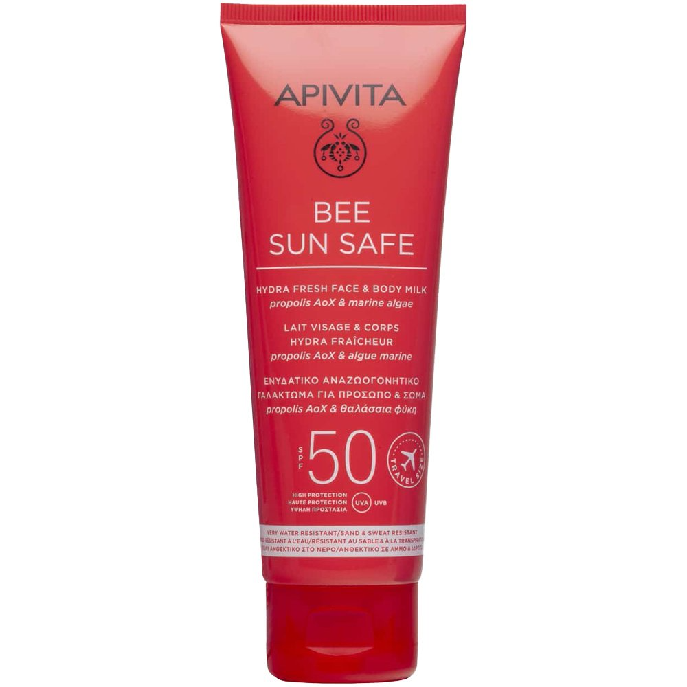 Esenciales de playa hydra fresh leche SPF50 Apivita + gel-crema aftersun