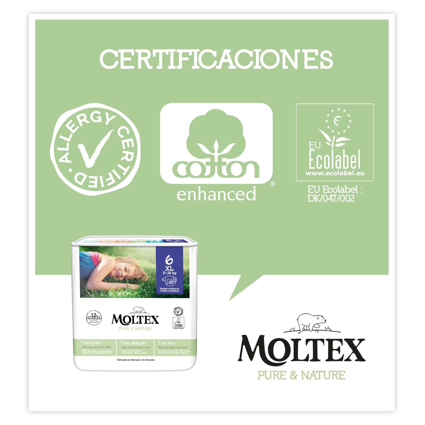 Pack ahorro Pañales Moltex Pure & Nature T6 (17-28 kg), 140 Uds