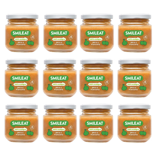 Pack 12x Tarrito BIO pera y manzana +6 meses Smileat, 130g