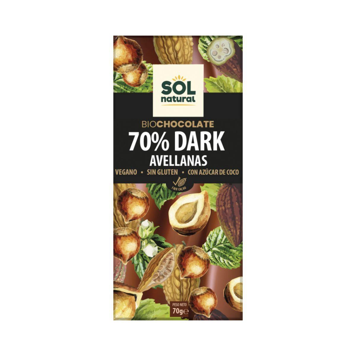 Chocolate vegano dark 70% con avellanas bio Sol Natural 70 g