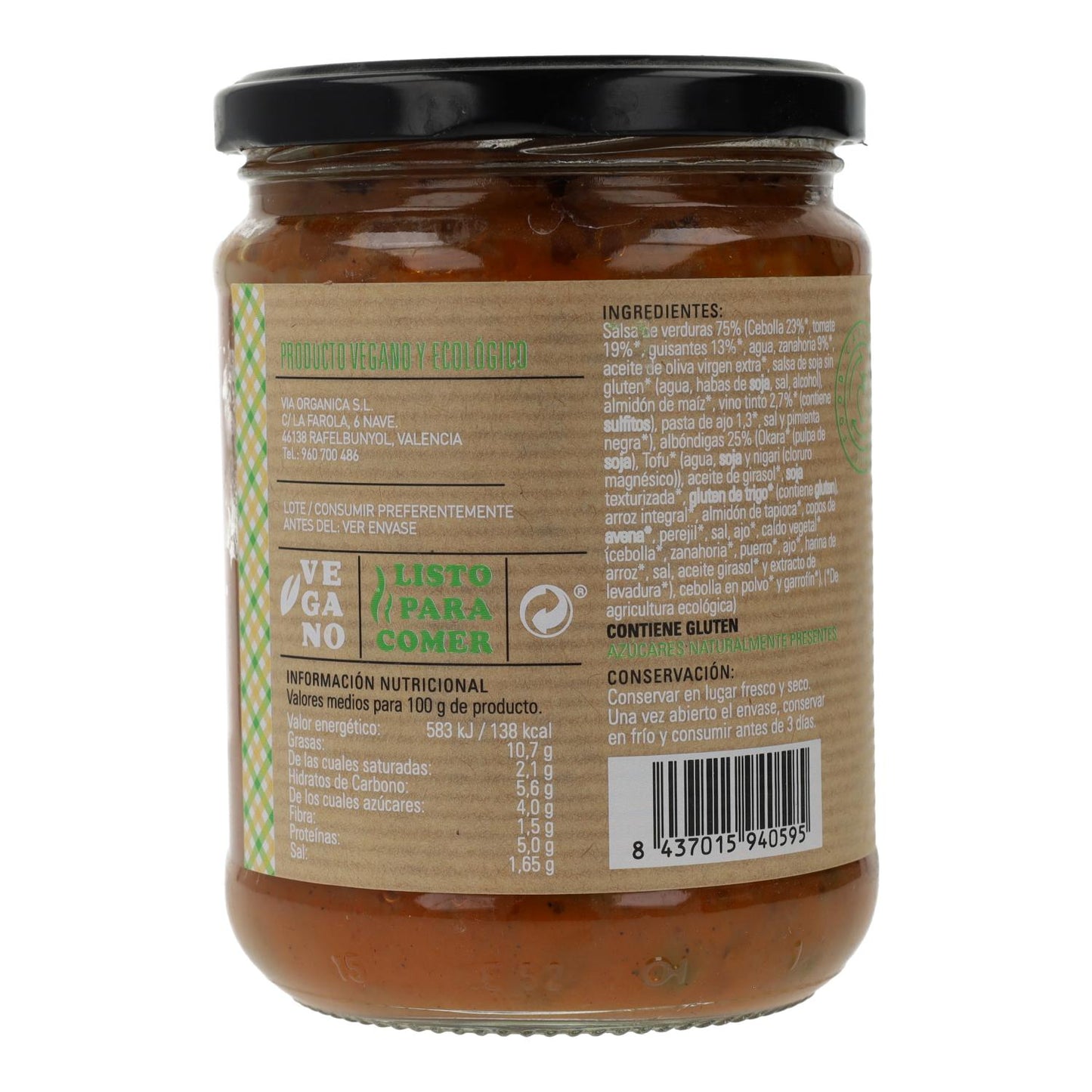 Albóndigas veganas en salsa de verduras y vino tinto Carlota Organic 425g