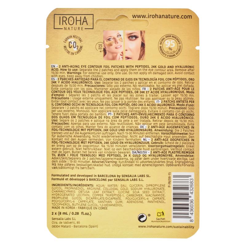 Parches de Ojos Foil AntiAge Péptidos, Oro 24K y Ácido Hialurónico Iroha Nature 2 x 8 ml