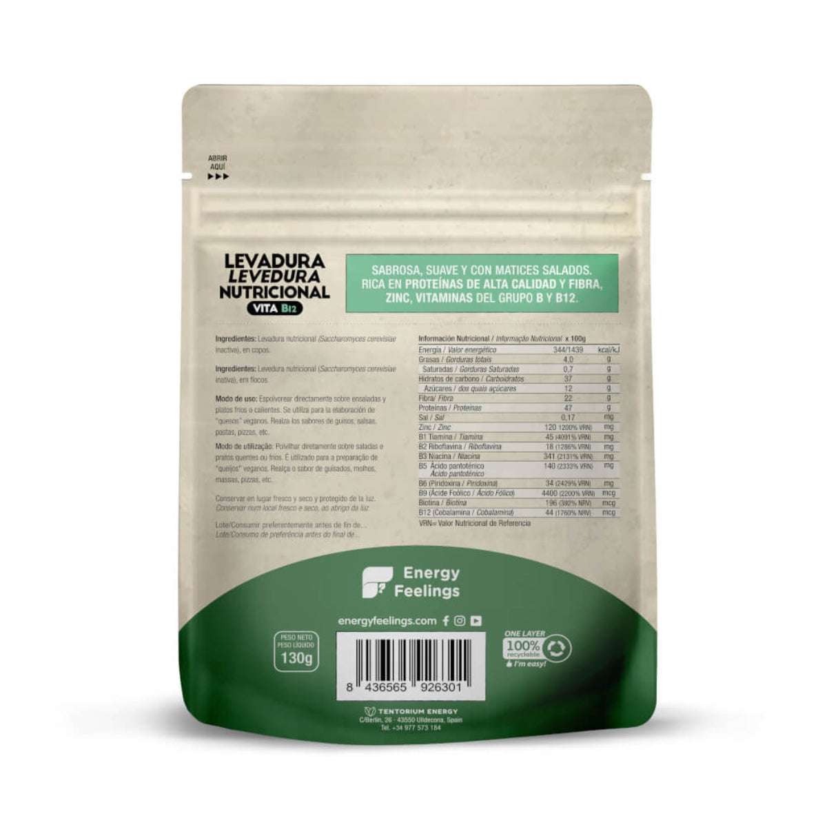 Levadura Nutricional VitaB12, Energy Feelings, Copos 130 g