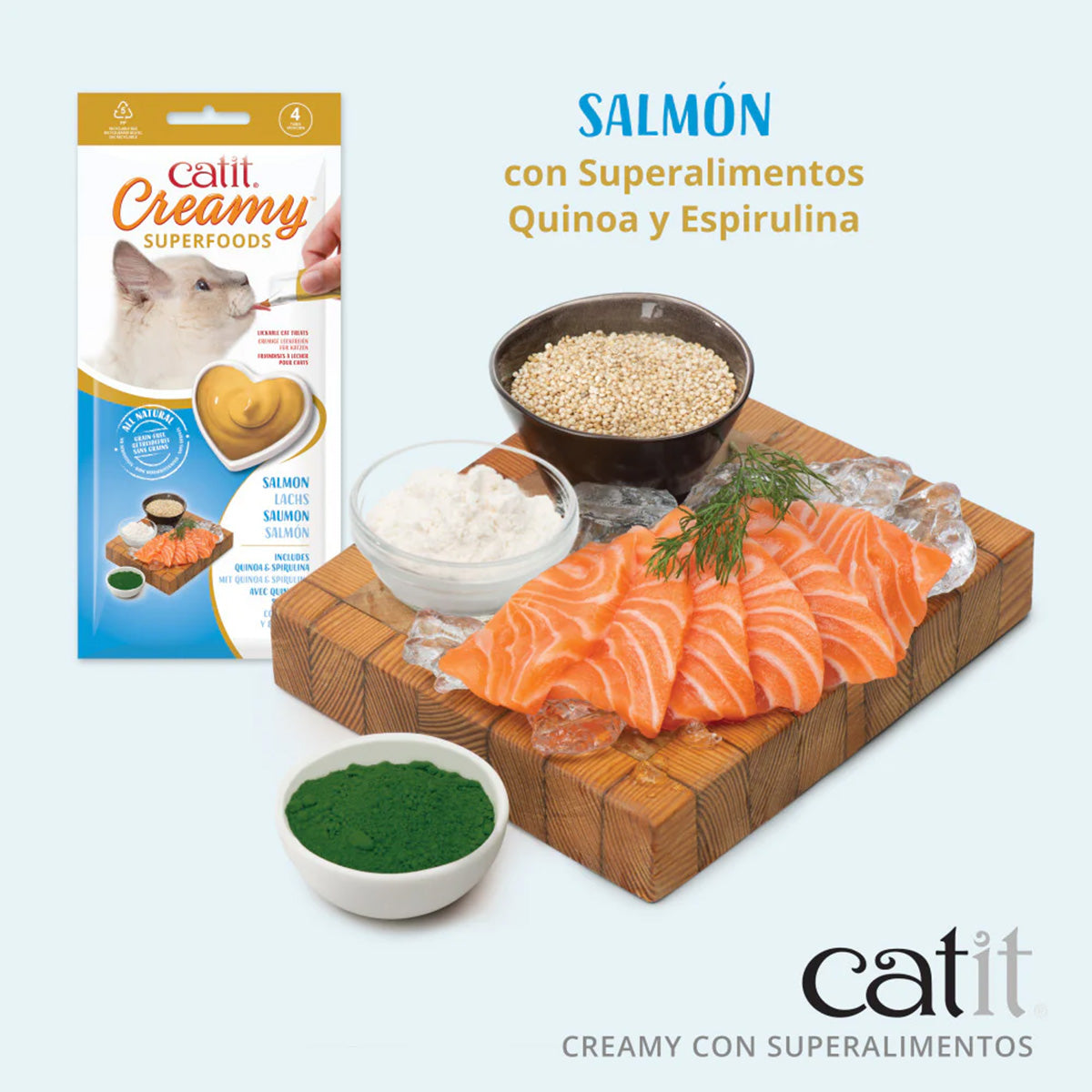 Snack con superalimentos para gatos de salmón, quinoa y espirulina Creamy Superfood 4 x 10 g Catit