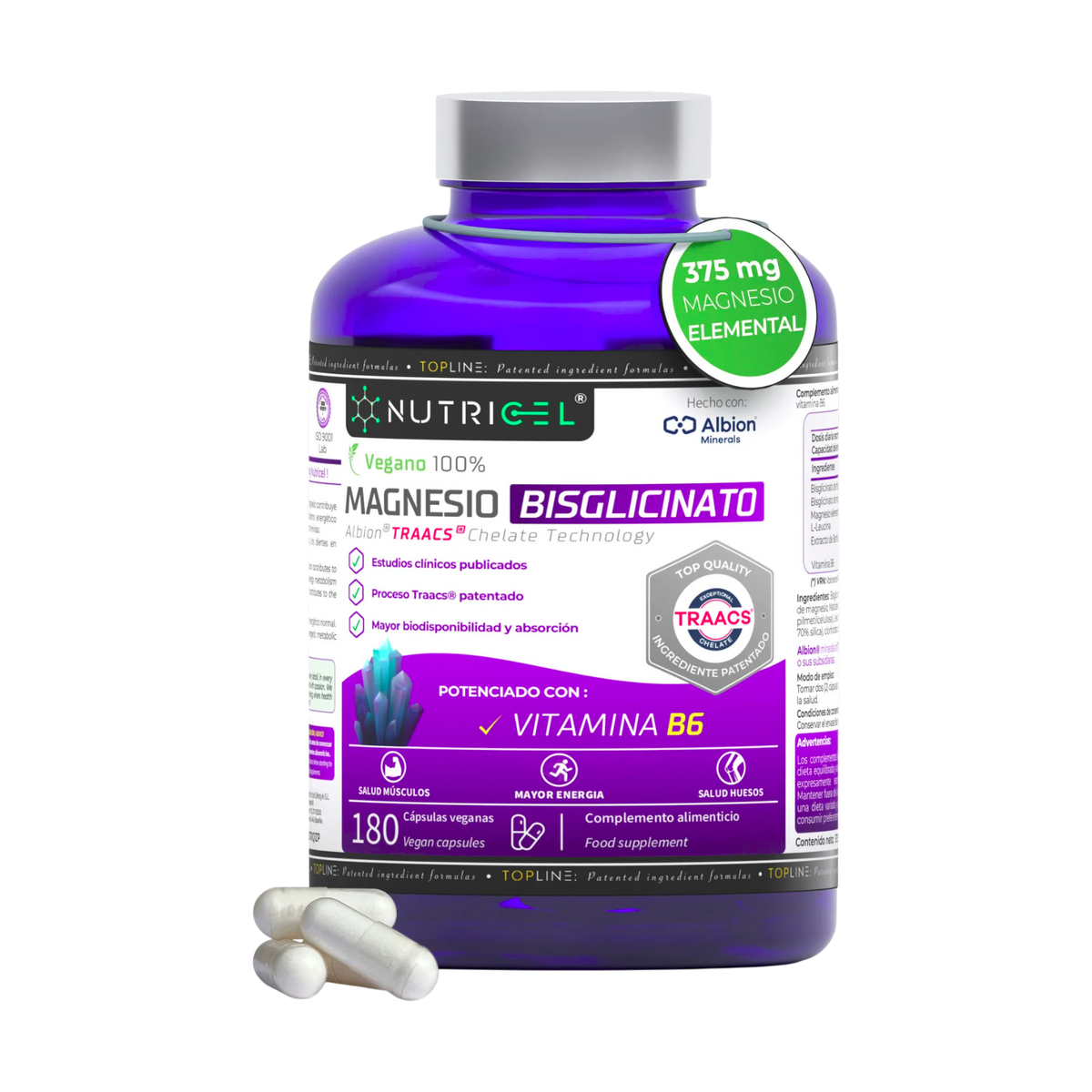 Magnesio Bisglicinato Albion® TRAACS® + Vitamina B6 Nutricel 180 cápsulas