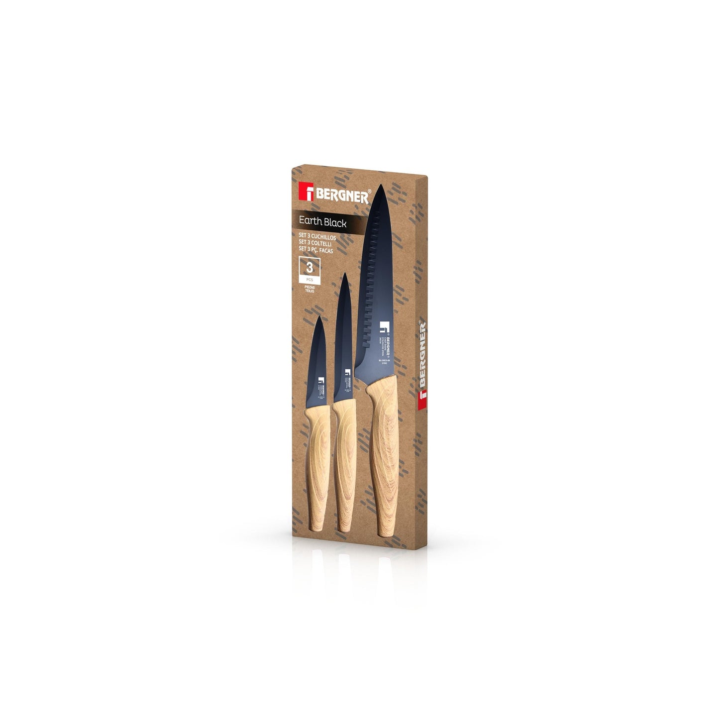 Batería de Cocina de 10 Piezas, 3 cacerolas con tapa + 1 sartén + 3 cuchillos , Fabricada en Aluminio Prensado, BERGNER Earth compatible con Todo Tipo