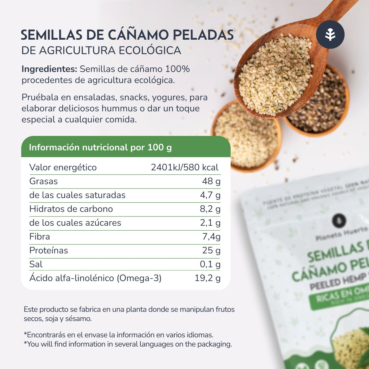 Semillas de cáñamo pelado ECO Planeta Huerto 400 g