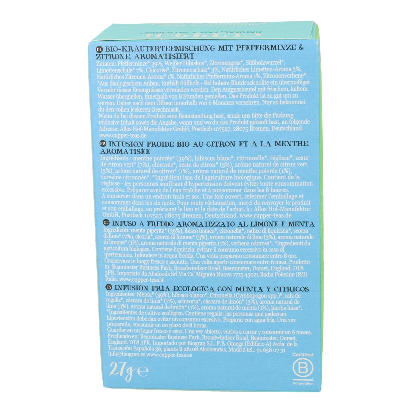 Infusión Fría de Menta y Cítricos Bio Cupper 10 Bolsas