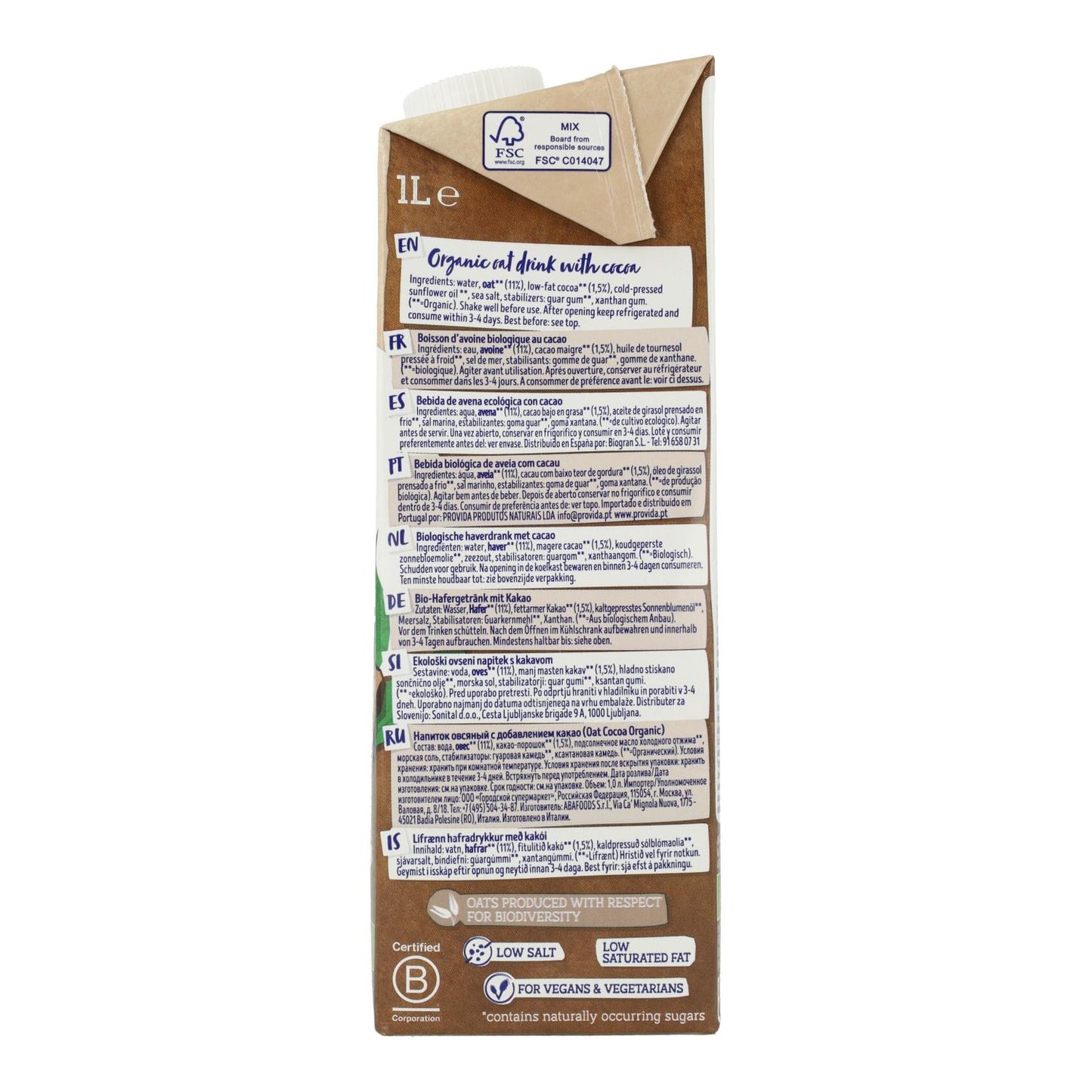 Bebida BIO Avena y Cacao sin azúcares añadidos Isola Bio 1 L