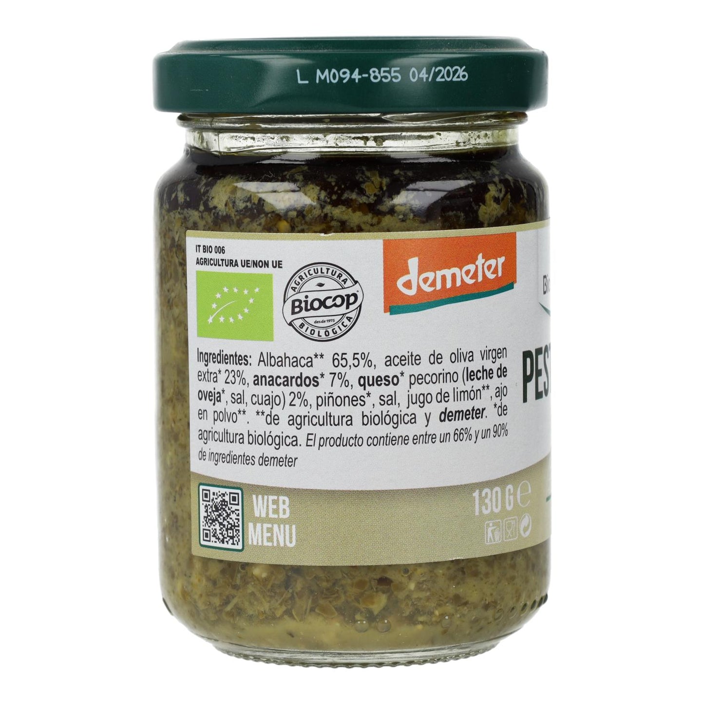 Pesto Verde de Albahaca con Pecorino y Anacardos Bio Demeter Organica Italia 130gr