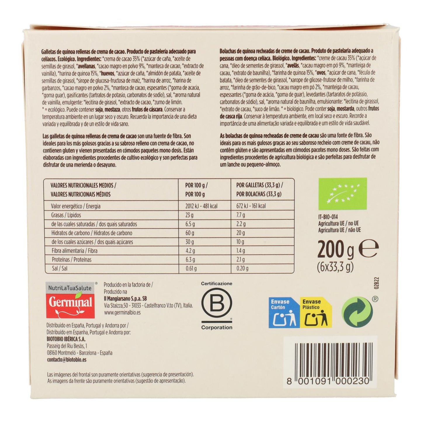 Galletas de Quinoa Rellenas de Crema de Cacao Germinal 200g