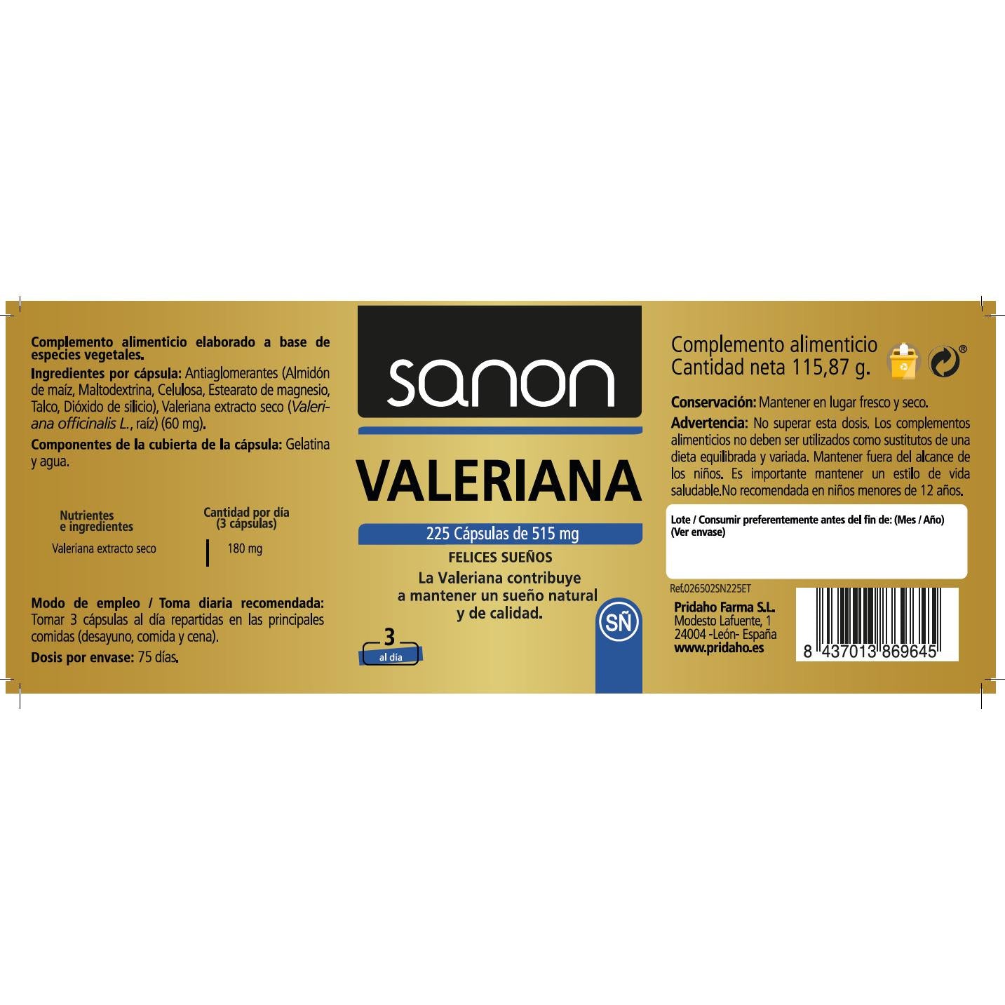 Valeriana SANON 225 cápsulas de 515 mg