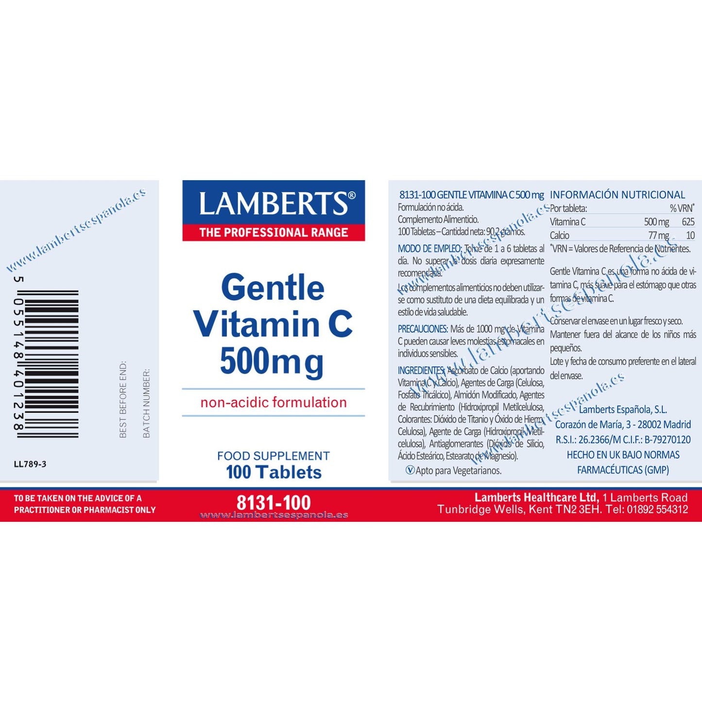 Gentle Vitamina C 500mg, Lamberts, 100 tabletas