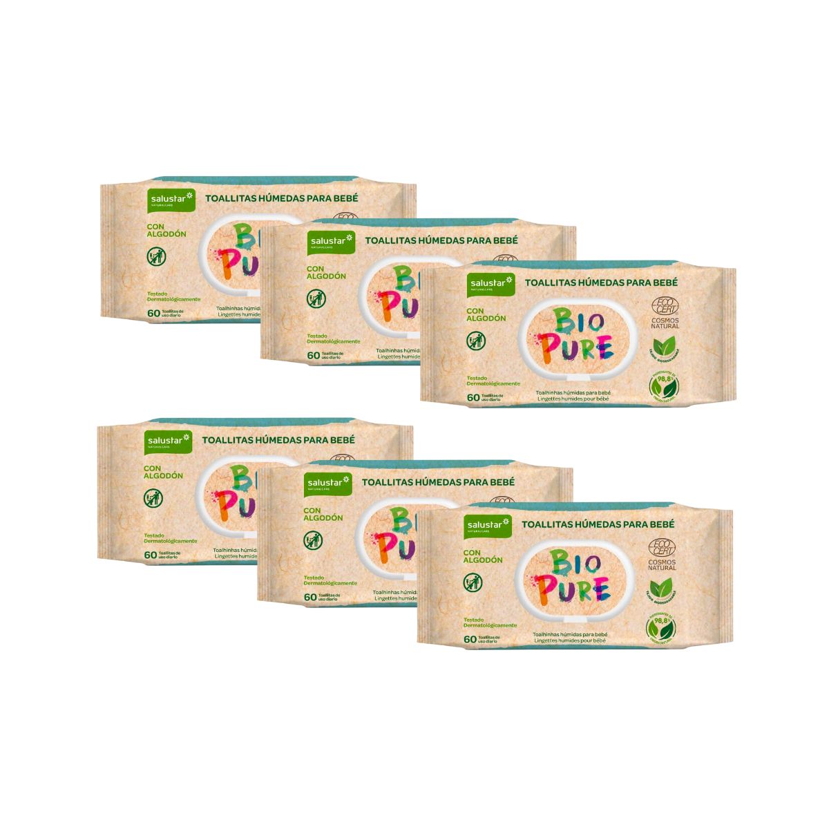 PACK 6x Toallitas Húmedas para bebé Biopure biodegradables Salustar 60 uds